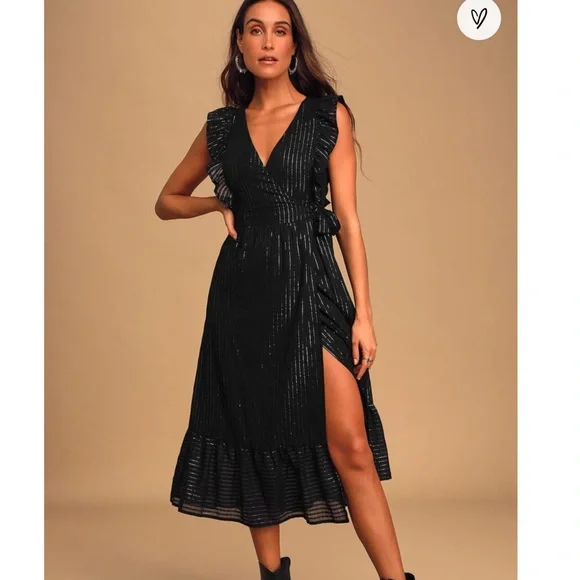 Lulus something to see black striped ruffled wrap midi dress - Picture 1 of 9